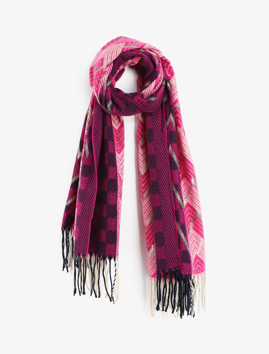 Echarpe en laine mélangée imprimé damiers et zigzag - Fushia - 4