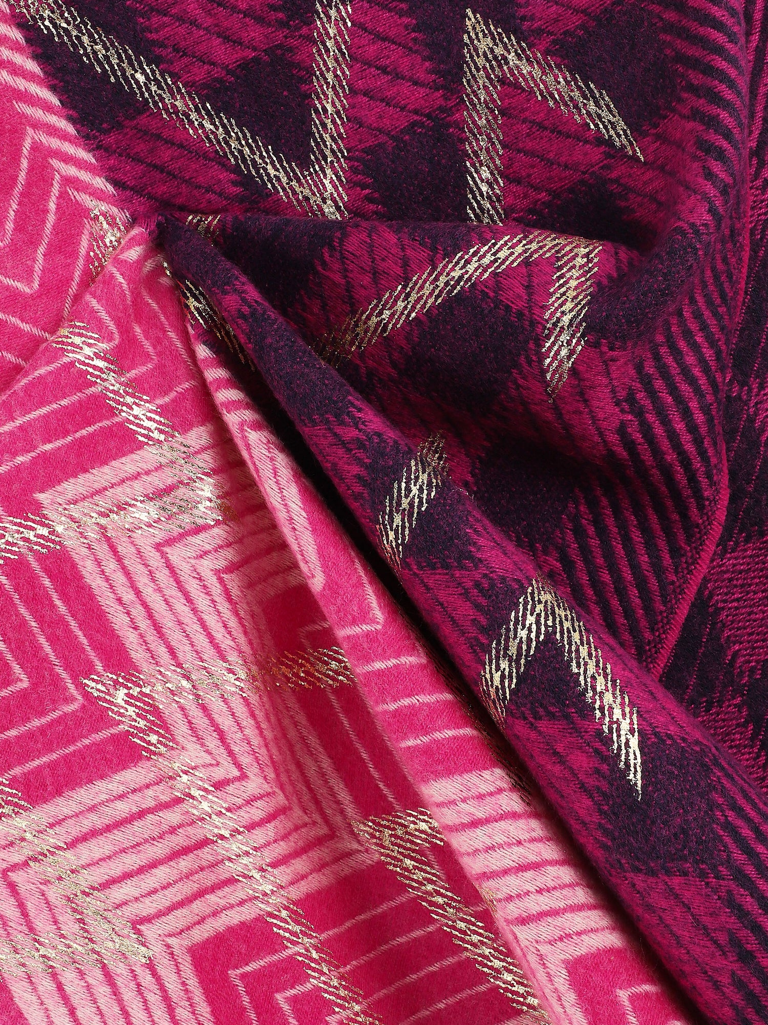 Echarpe en laine mélangée imprimé damiers et zigzag - Fushia - 3