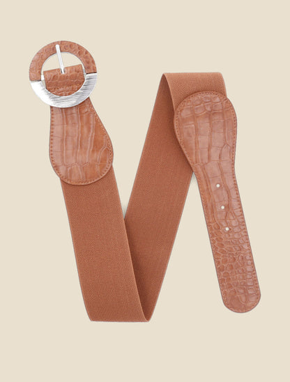 Ceinture effet croco à boucle ronde - Camel - 1