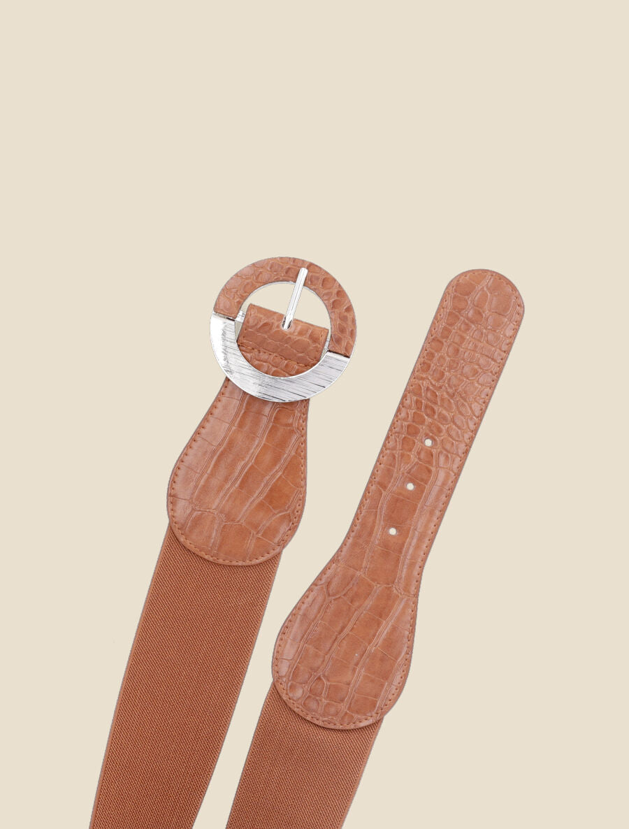 Ceinture effet croco à boucle ronde - Camel - 2