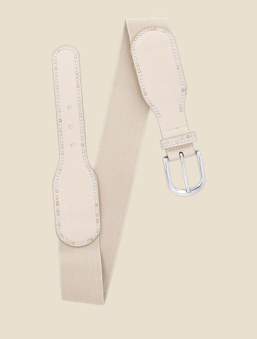 Ceinture bi-matière à détail cloutés - Beige - 1
