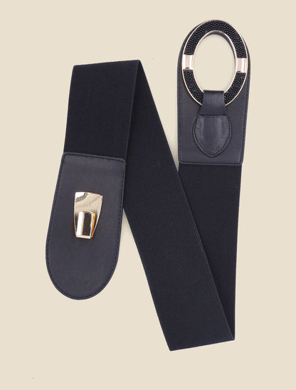 Ceinture bi-matière à boucle ornée de perles - Noir - 3
