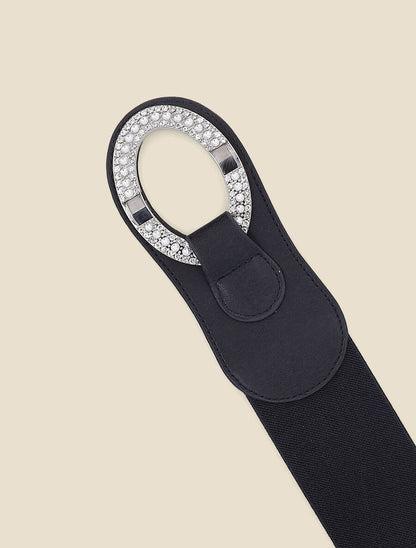 Ceinture bi-matière à boucle ornée de strass et de perles - Noir - 2