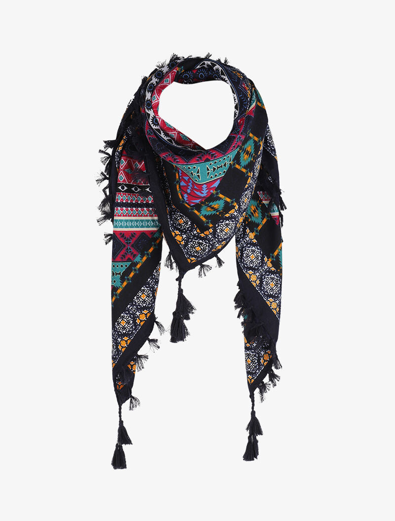 Foulard carré à imprimé aztèque et bords à pompons - Marine - 4
