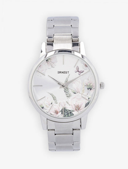 Montre métallique à motif floral - Argent - 2