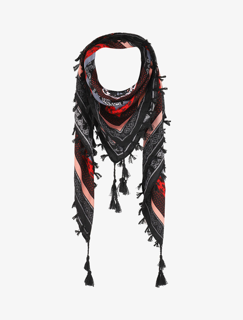 Foulard à imprimé patchwork fleuri et bords à pompons - Noir - 4