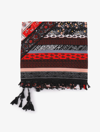 Foulard à imprimé patchwork fleuri et bords à pompons - Noir - 2