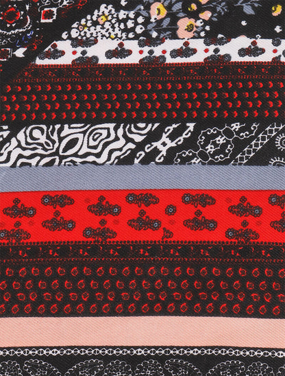 Foulard à imprimé patchwork fleuri et bords à pompons - Noir - 3