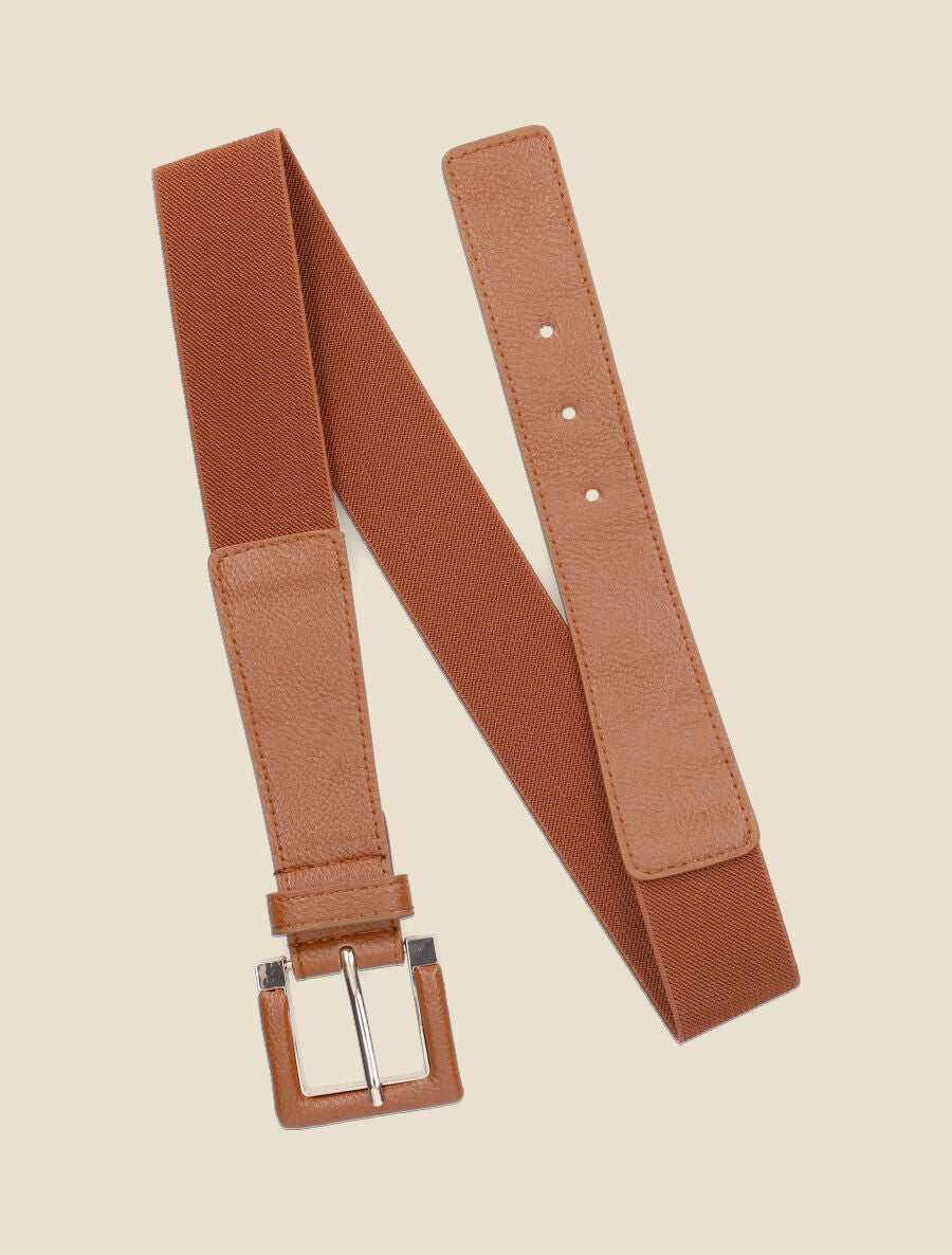 Ceinture stretch et nacrée à boucle carrée - Camel - 3