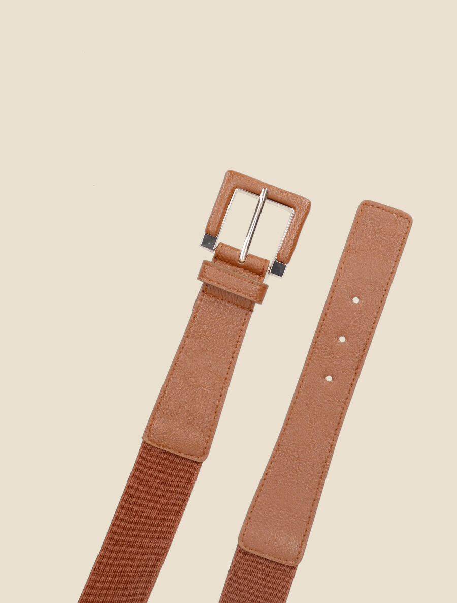 Ceinture stretch et nacrée à boucle carrée - Camel - 2