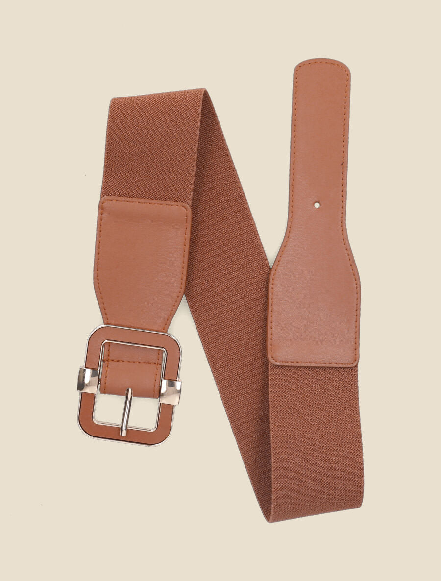 Ceinture stretch en simili à boucle carrée - Camel - 1