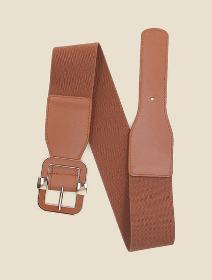 Ceinture stretch en simili à boucle carrée - Camel - 1