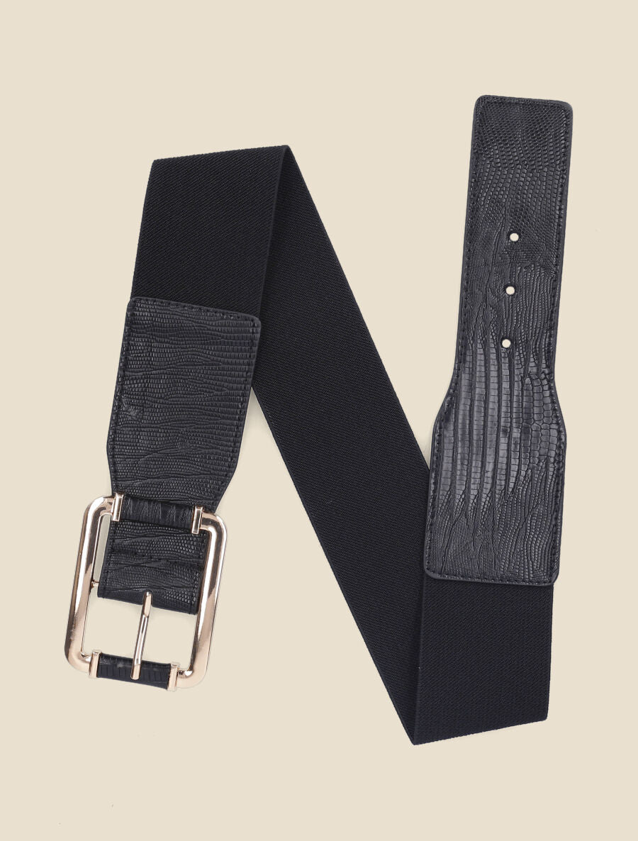 Ceinture effet python à boucle dorée - Noir - 1