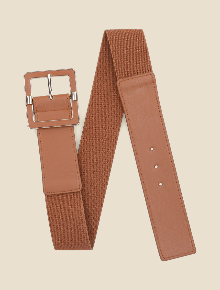 Ceinture en simili à grande boucle carrée - Camel - 1