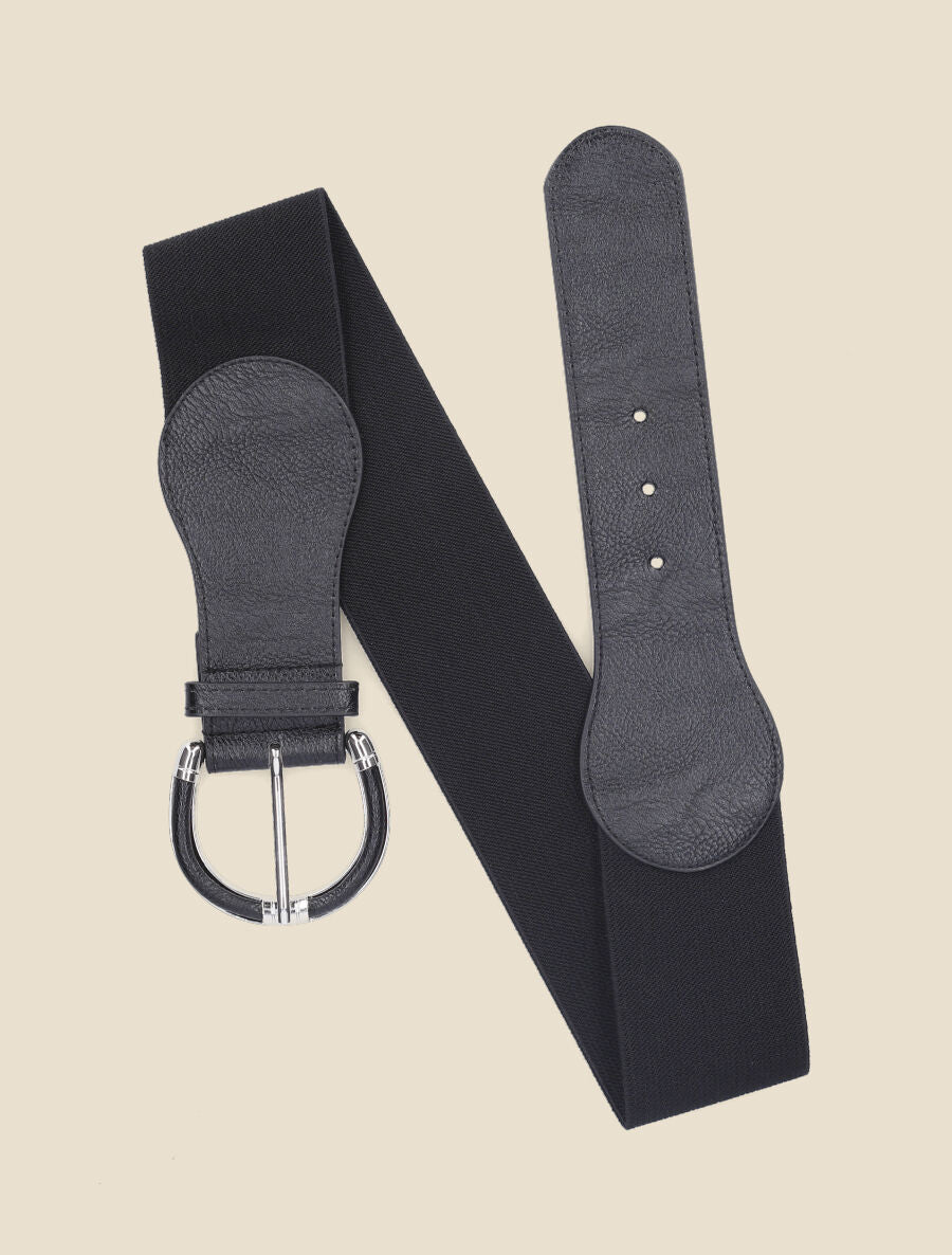 Ceinture en simili à grande boucle ronde - Noir - 1