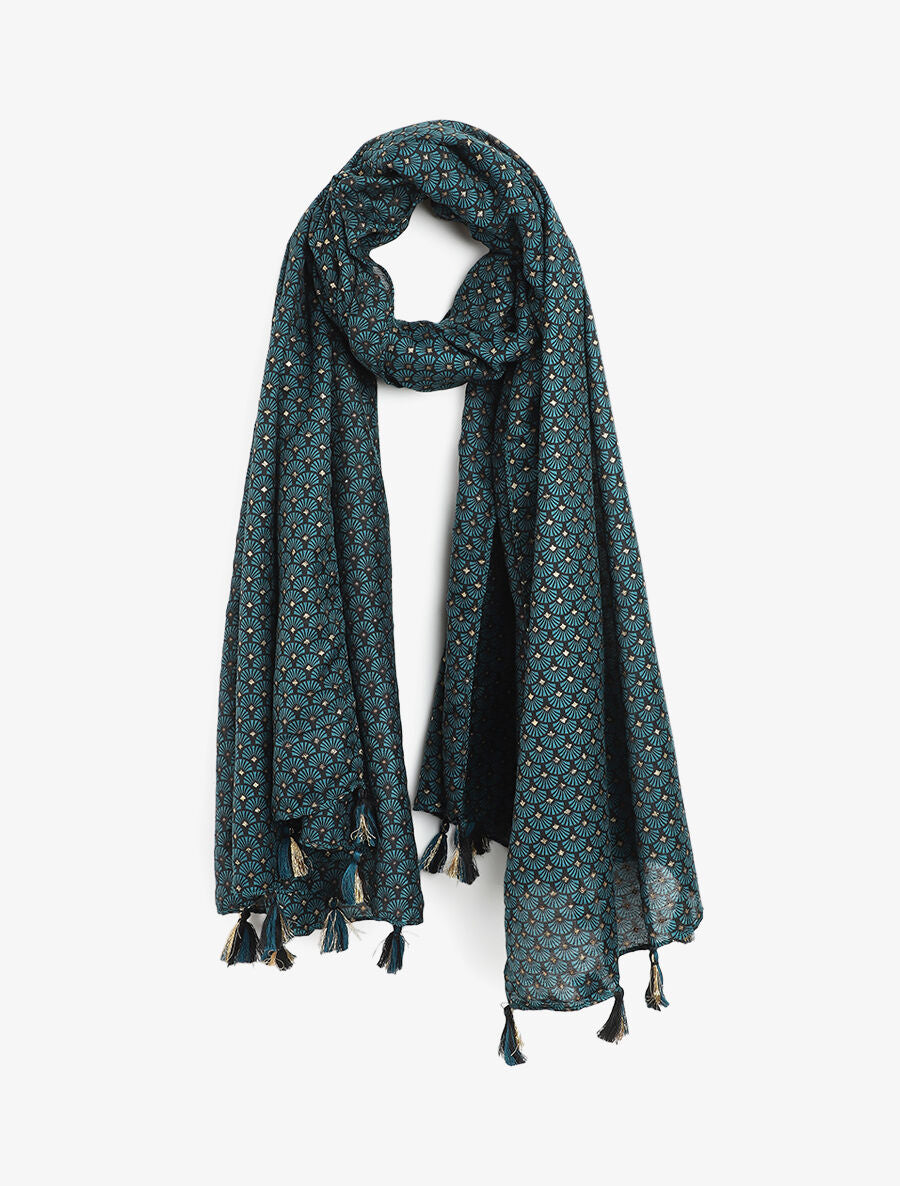 Foulard à imprimé ethnique et pampilles - Bleu canard - 1
