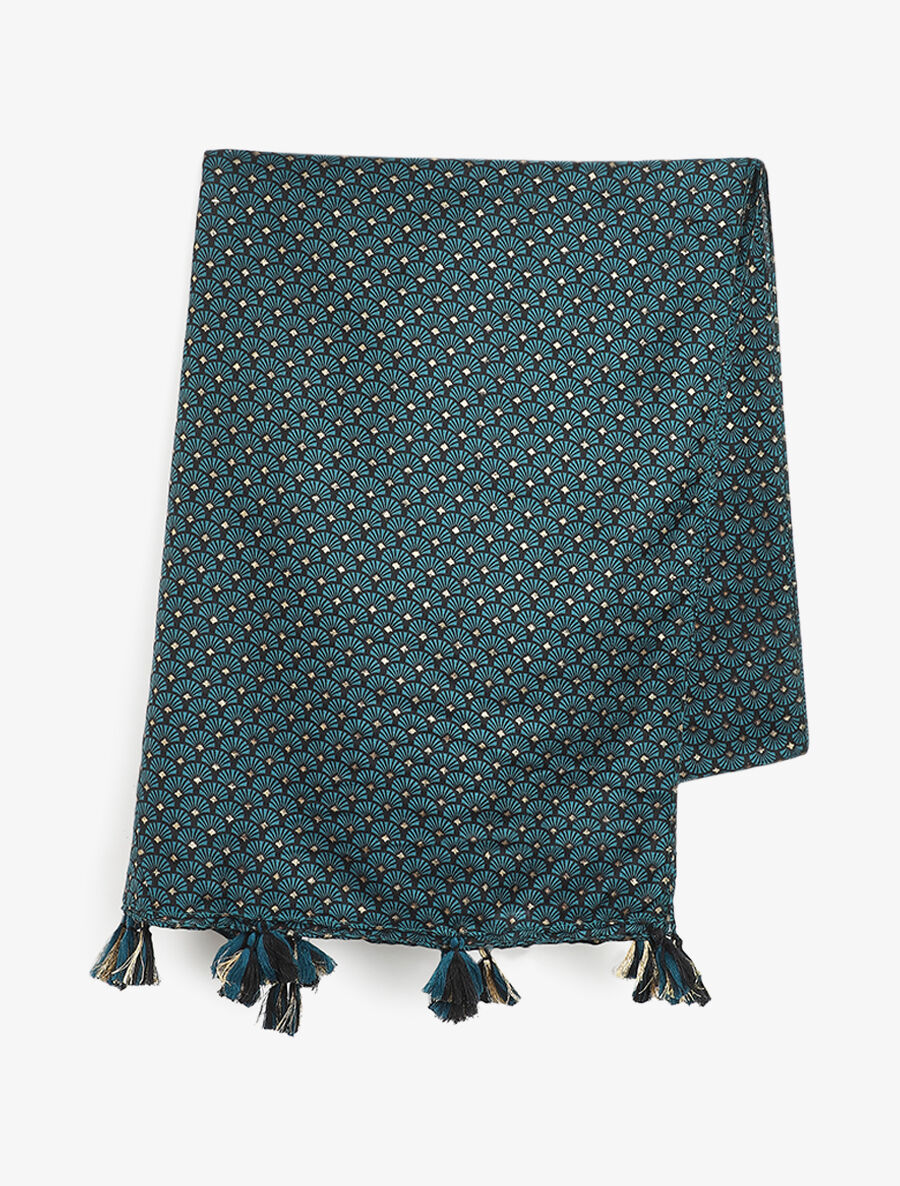 Foulard à imprimé ethnique et pampilles - Bleu canard - 2