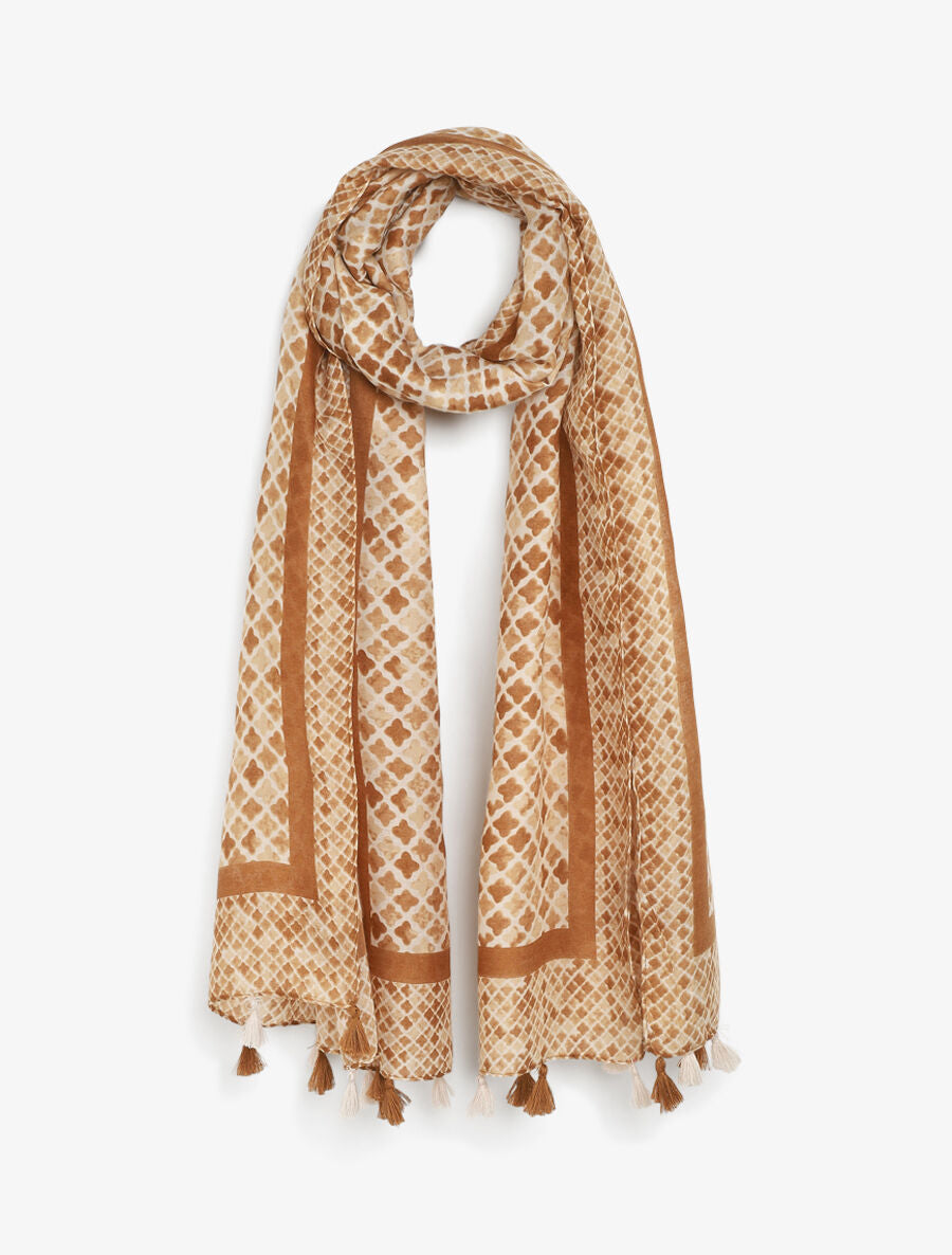 Foulard imprimé trèfles à pompons - Beige - 1