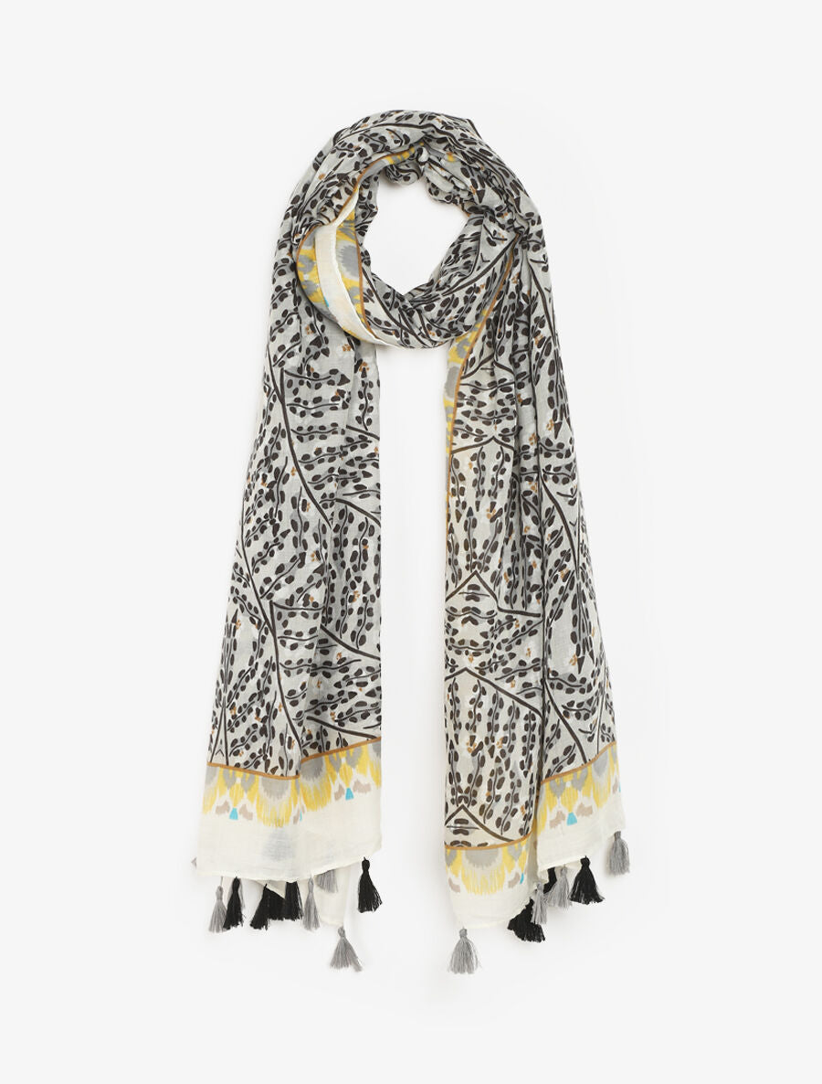 Foulard à pompons imprimé feuilles stylisées - Noir - 4