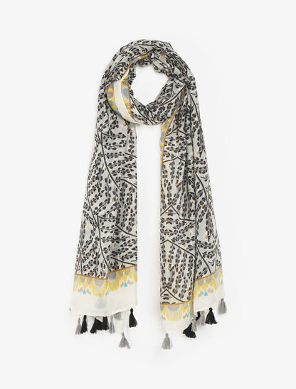 Foulard à pompons imprimé feuilles stylisées - Noir - 4