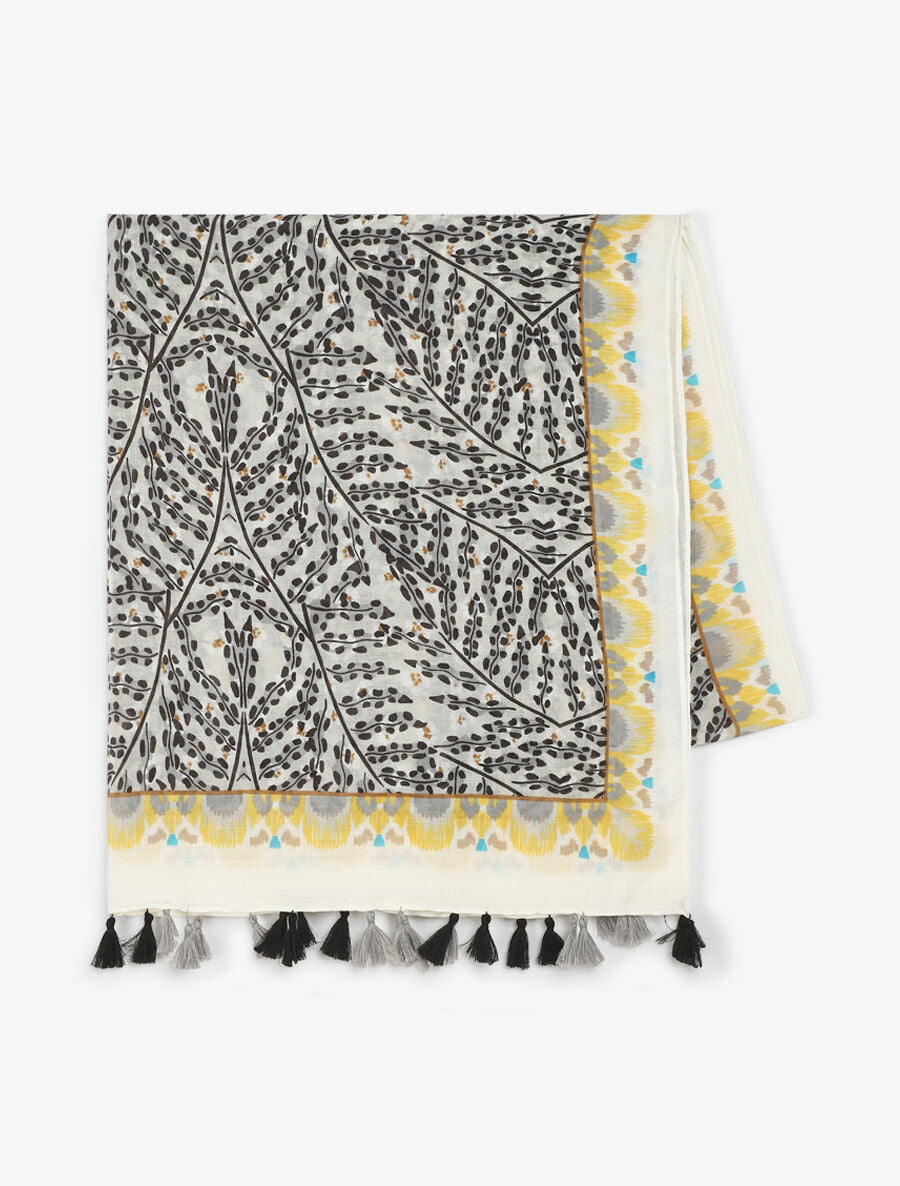 Foulard à pompons imprimé feuilles stylisées - Noir - 2