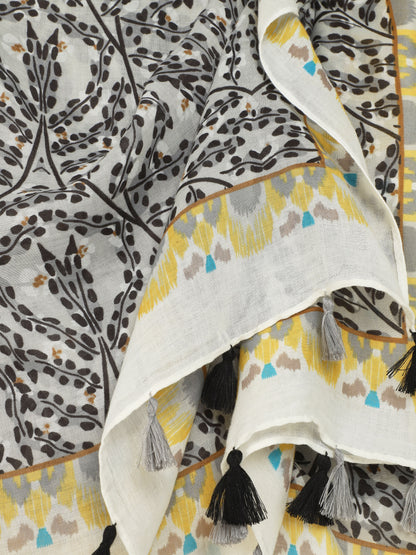 Foulard à pompons imprimé feuilles stylisées - Noir - 3