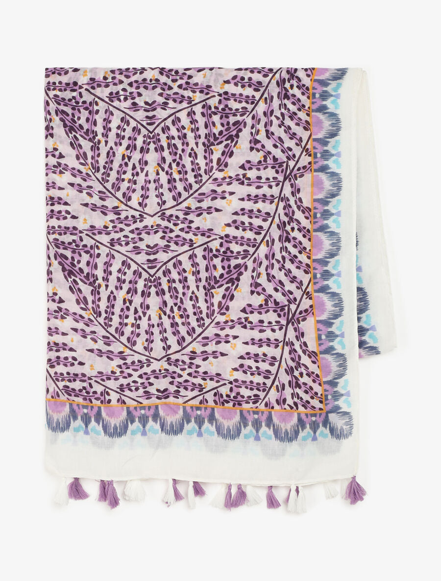 Foulard à pompons imprimé feuilles stylisées - Violet - 2