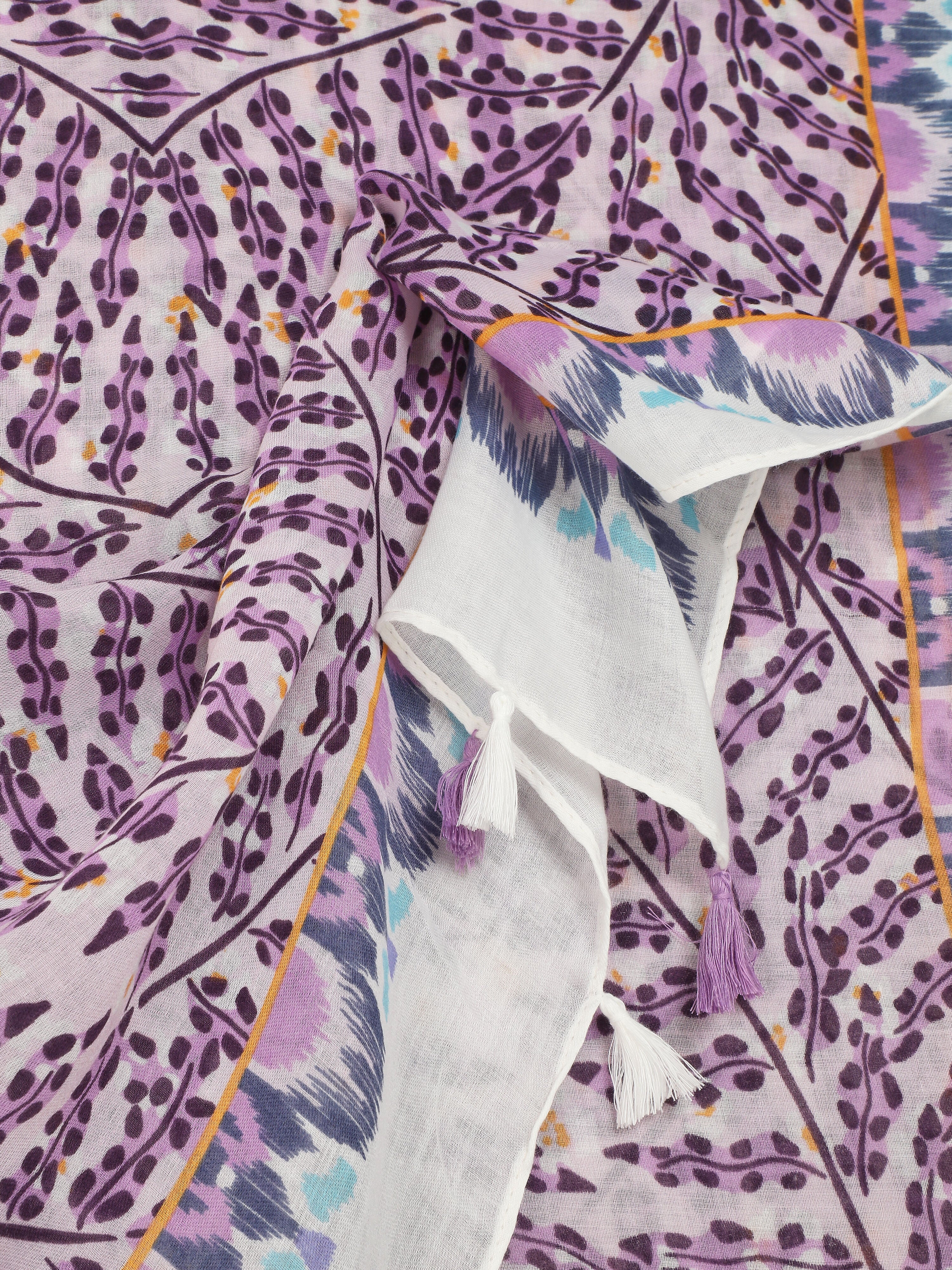 Foulard à pompons imprimé feuilles stylisées - Violet - 3