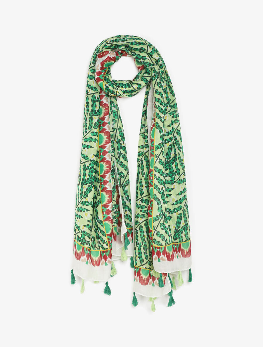 Foulard à pompons imprimé feuilles stylisées - Vert - 4