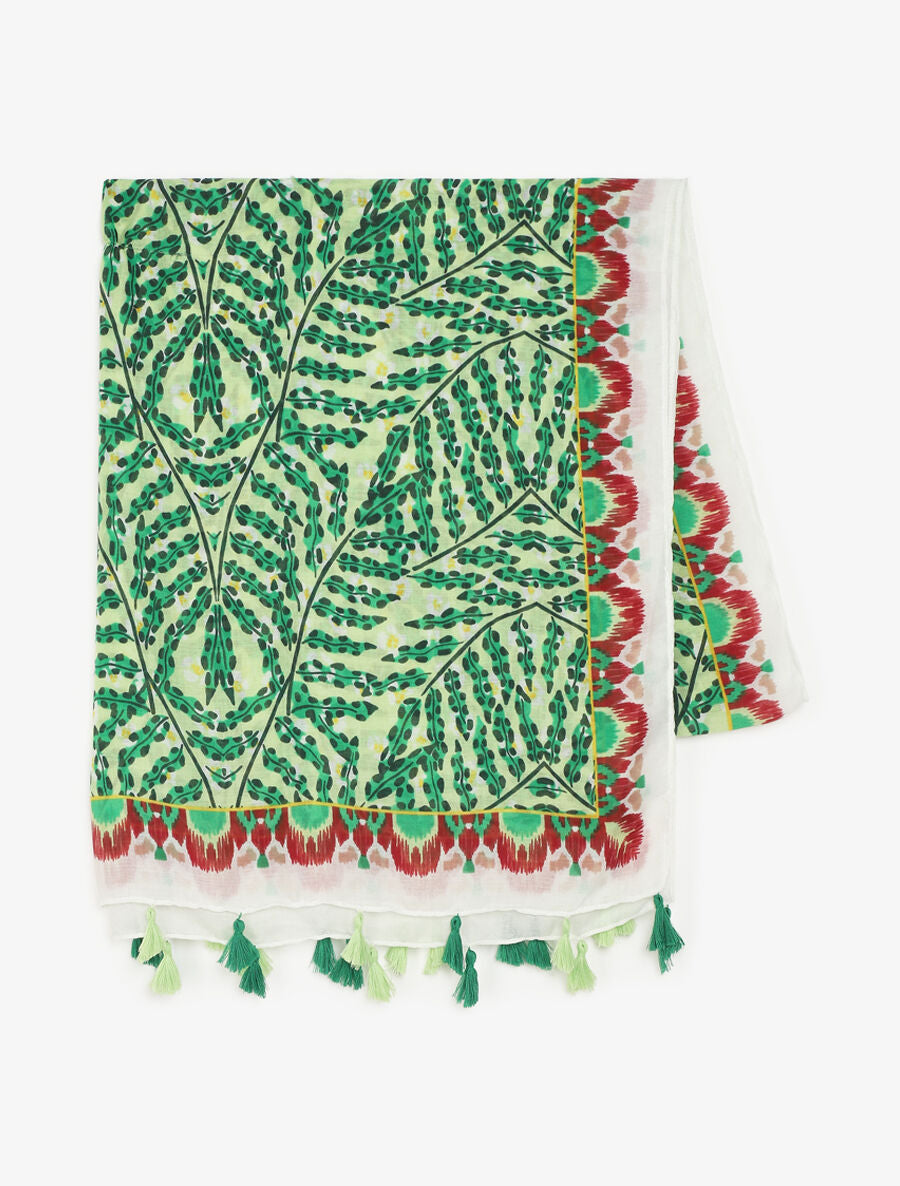 Foulard à pompons imprimé feuilles stylisées - Vert - 2