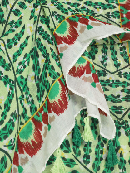 Foulard à pompons imprimé feuilles stylisées - Vert - 3