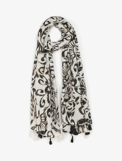 Foulard à pompons imprimé feuilles abstraites - Noir - 1