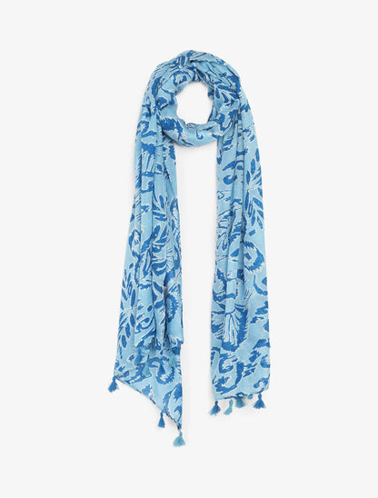 Foulard à pompons imprimé feuilles abstraites - Bleu - 4