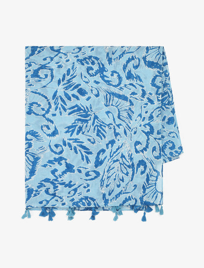 Foulard à pompons imprimé feuilles abstraites - Bleu - 2
