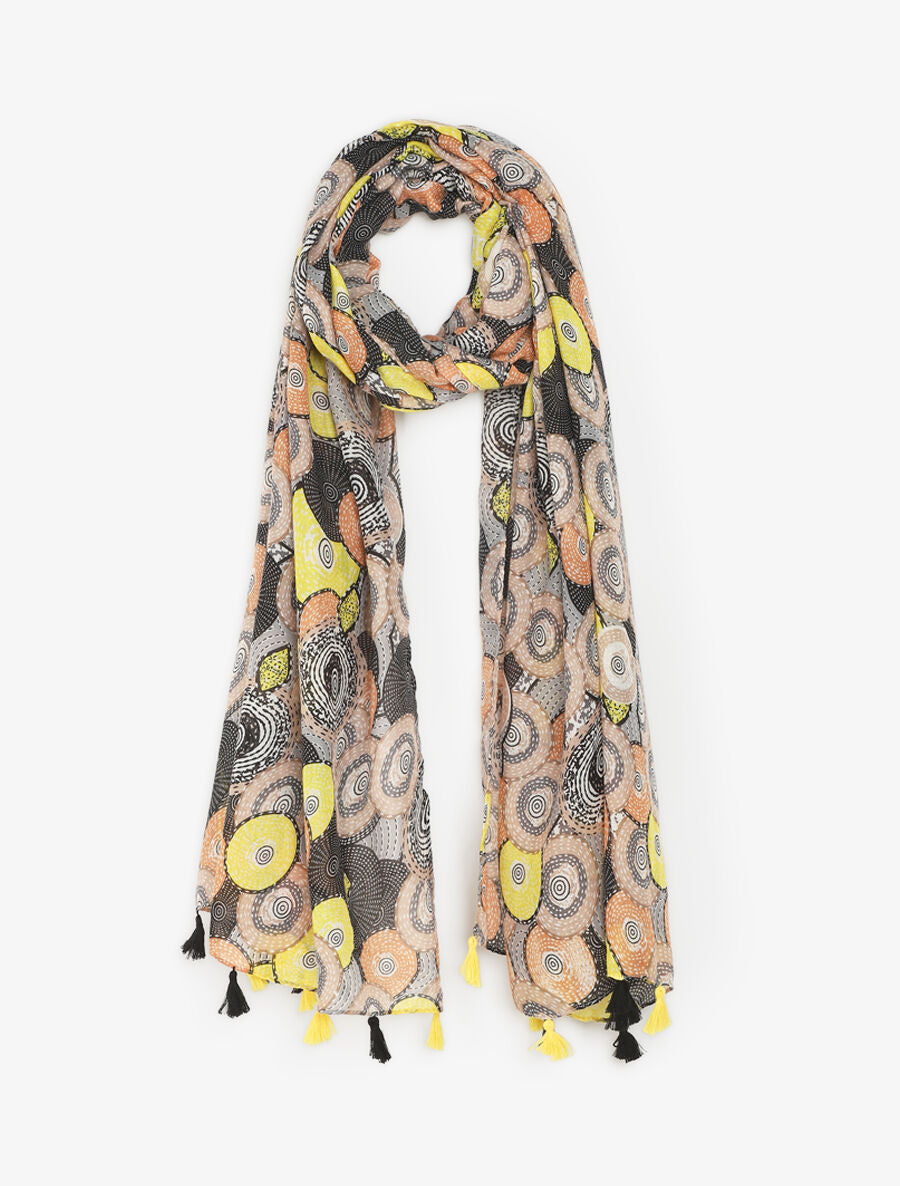 Foulard à pompons imprimé cercles fantaisies - Noir - 4