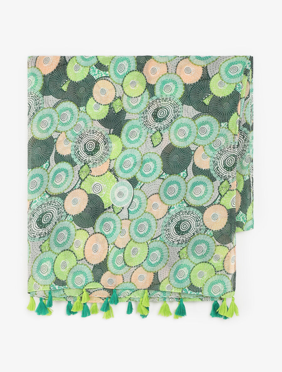 Foulard à pompons imprimé cercles fantaisies - Vert - 2