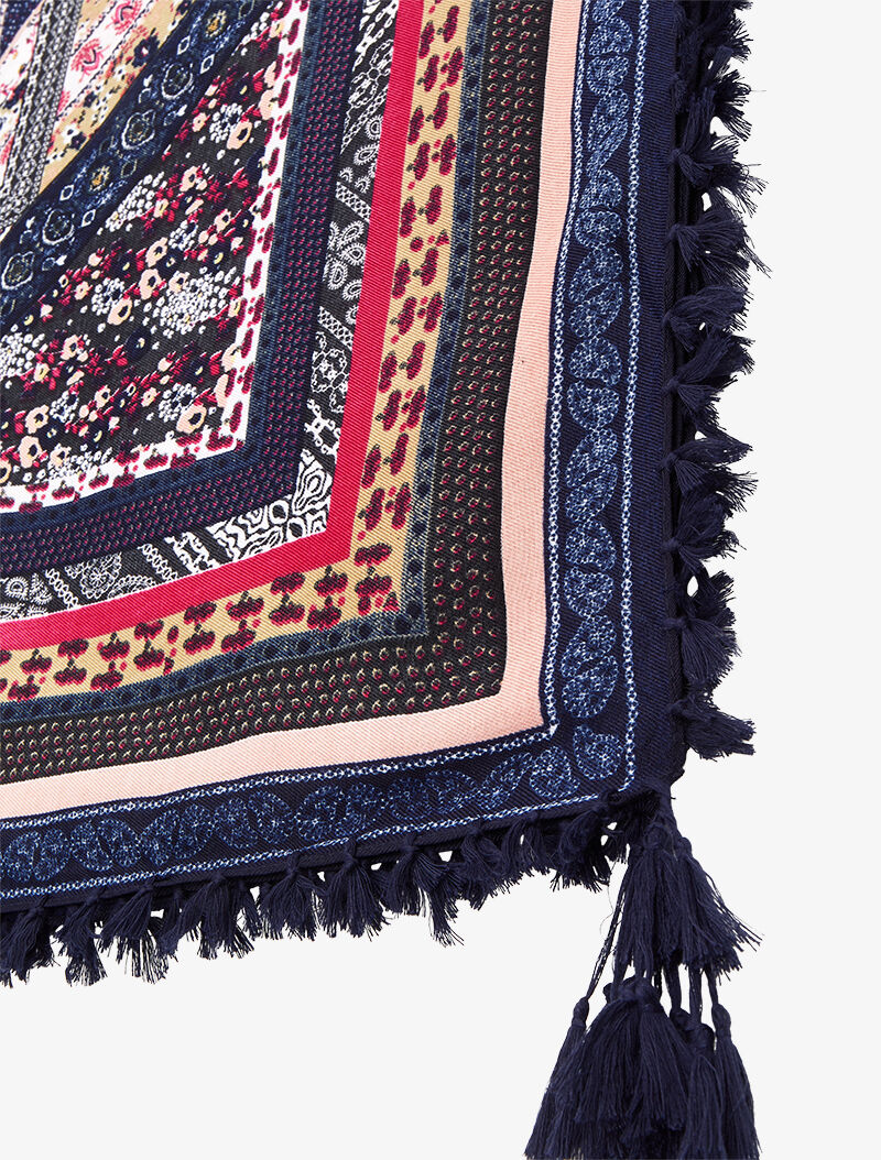 Foulard carré à imprimé patchwork à fleurs et bords à pompons - Bleu marine - 3
