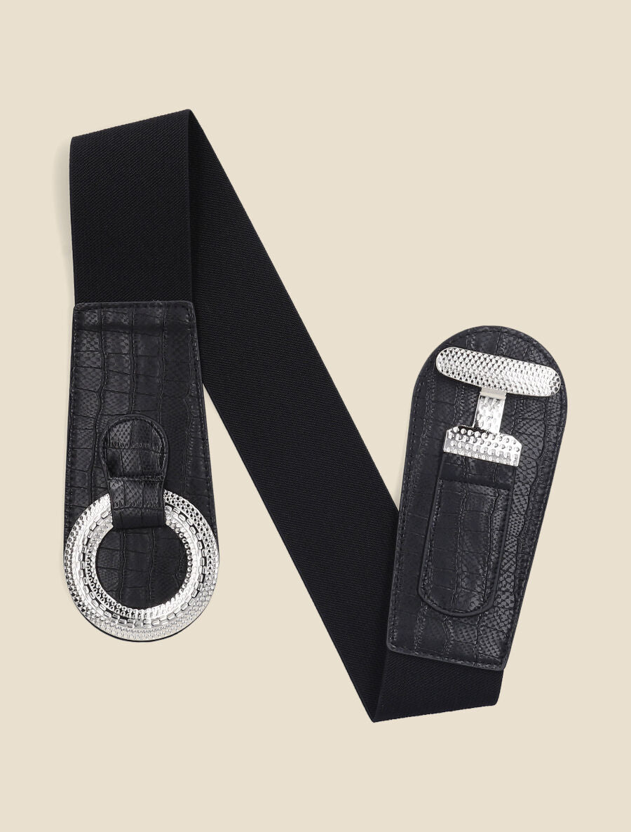 Ceinture bi-matière imprimé croco et boucle ronde - Noir - 1