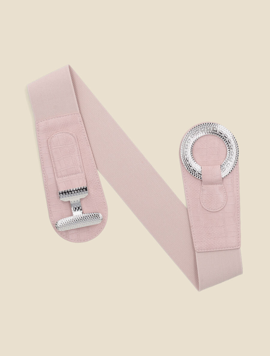Ceinture bi-matière imprimé croco et boucle ronde - Rose - 1