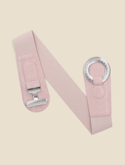 Ceinture bi-matière imprimé croco et boucle ronde - Rose - 1