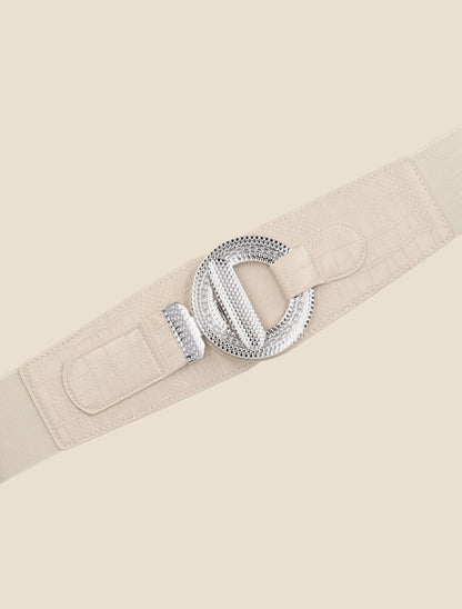 Ceinture bi-matière imprimé croco et boucle ronde - Beige - 2