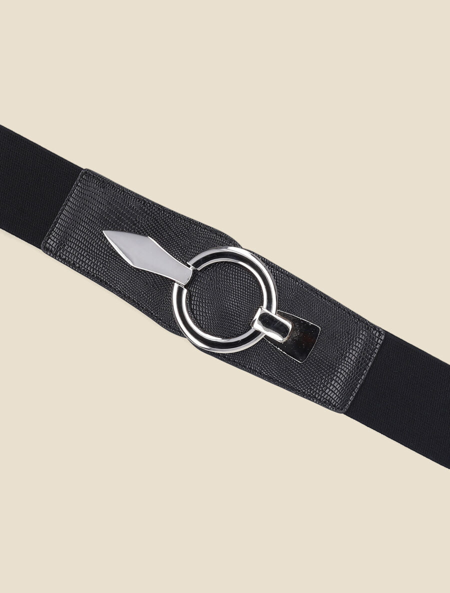 Ceinture élastiquée python à boucle ronde - Noir - 2