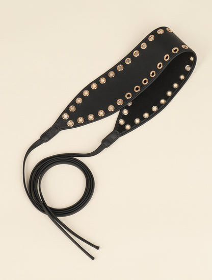 Ceinture à nouer à détails oeillets dorées - Noir - 2