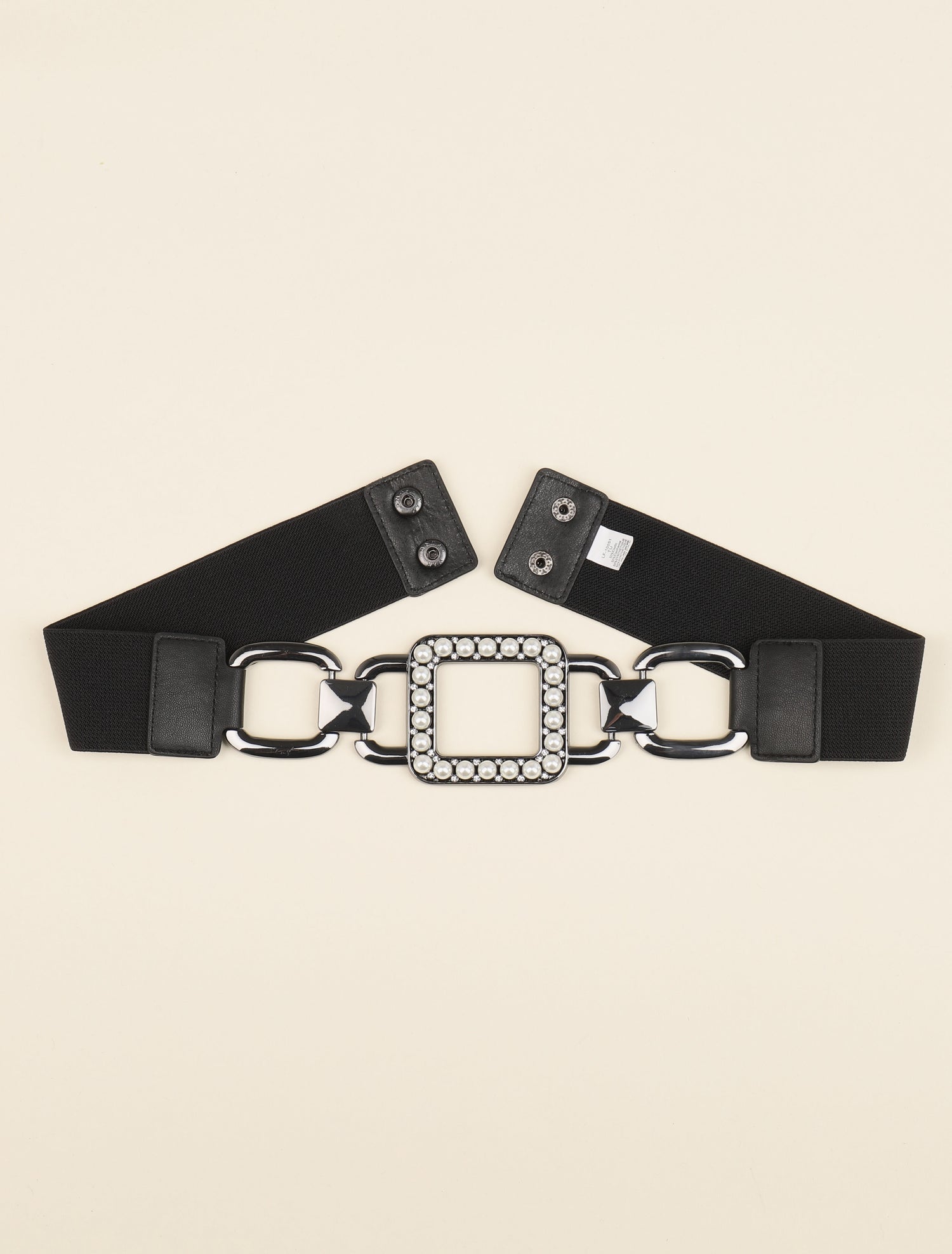 Ceinture élastiquée à boucle carrée ornée de perles et strass - Noir - 2