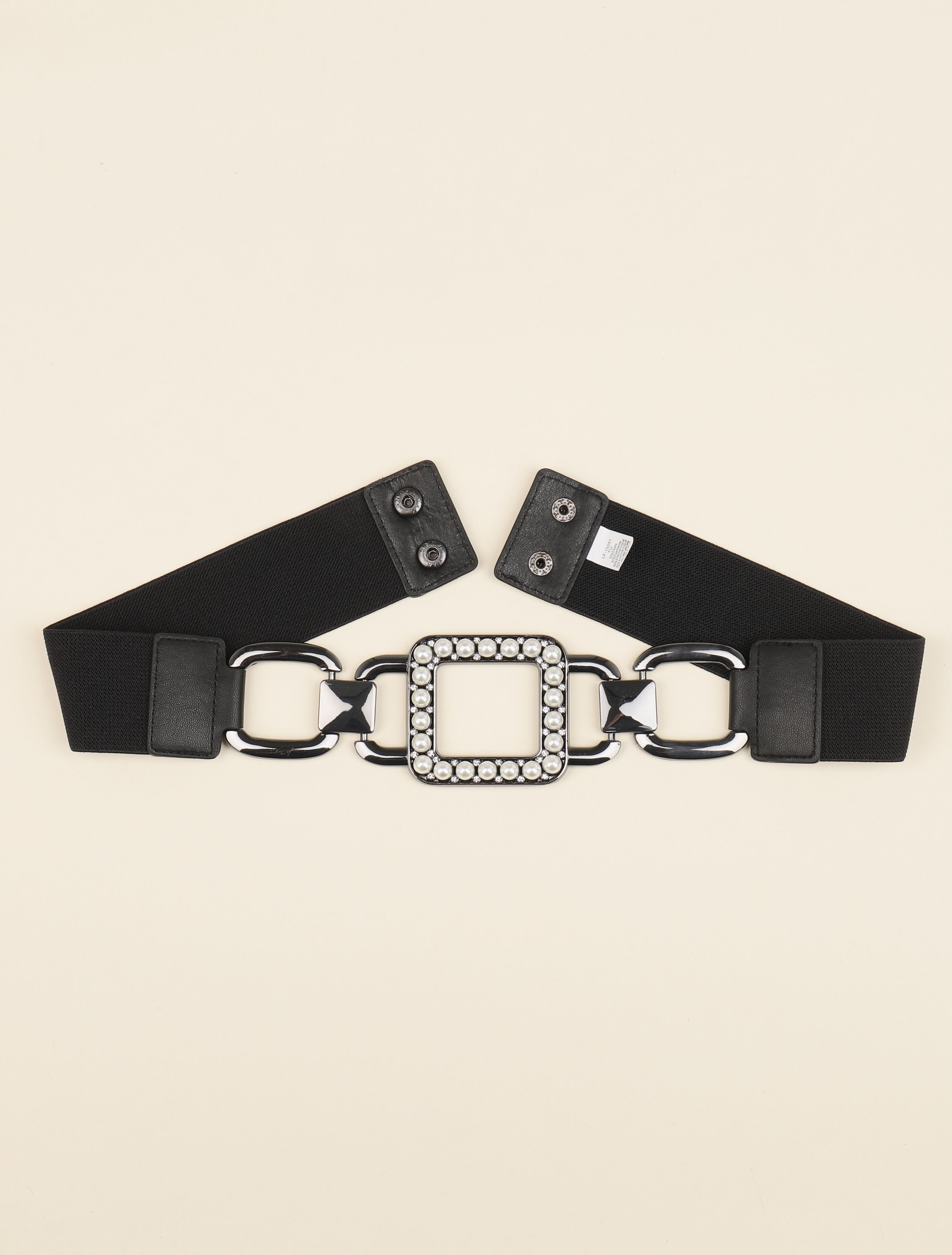 Ceinture élastiquée à boucle carrée ornée de perles et strass - Noir - 2