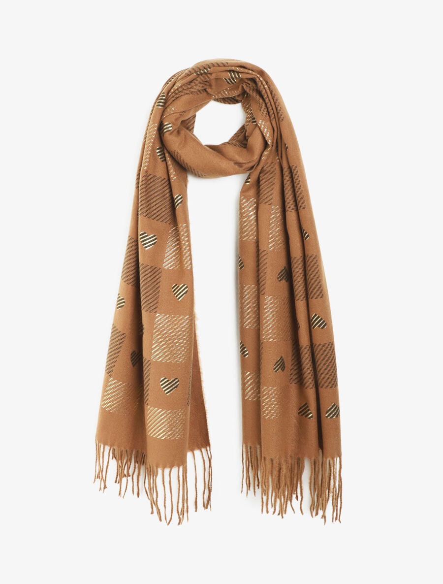 Echarpe à carreaux et motif coeur - Camel - 4