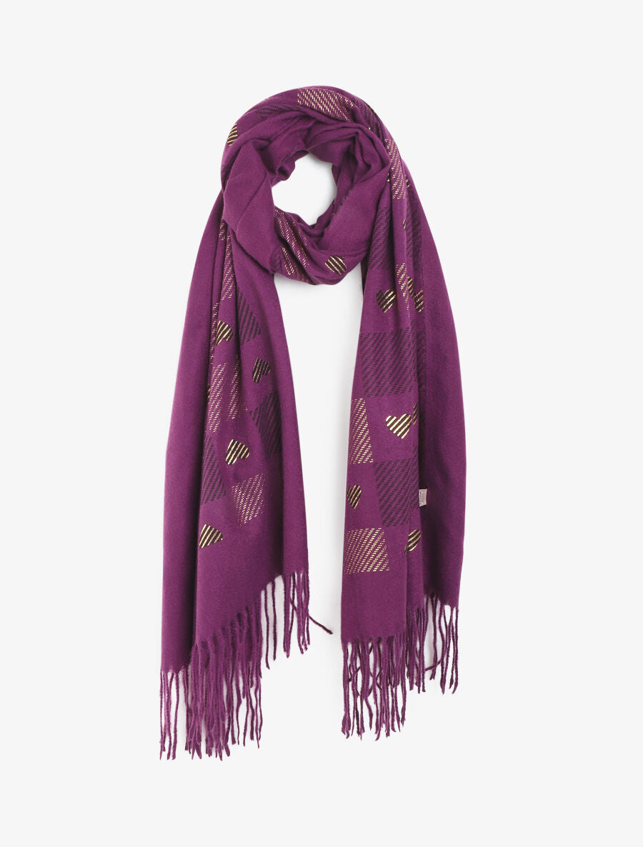 Echarpe à carreaux et motif coeur - Violet - 1