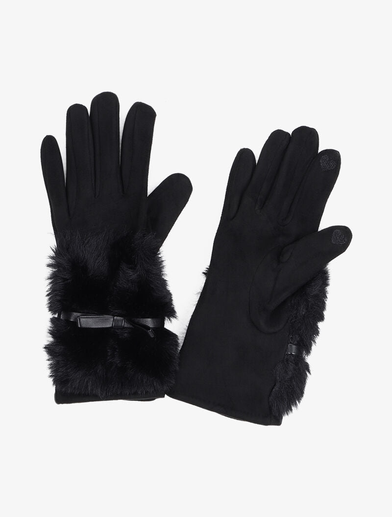 Gants suédés à détail fausse fourrure et noeud - Noir - 3