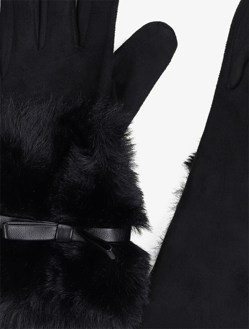 Gants suédés à détail fausse fourrure et noeud - Noir - 2