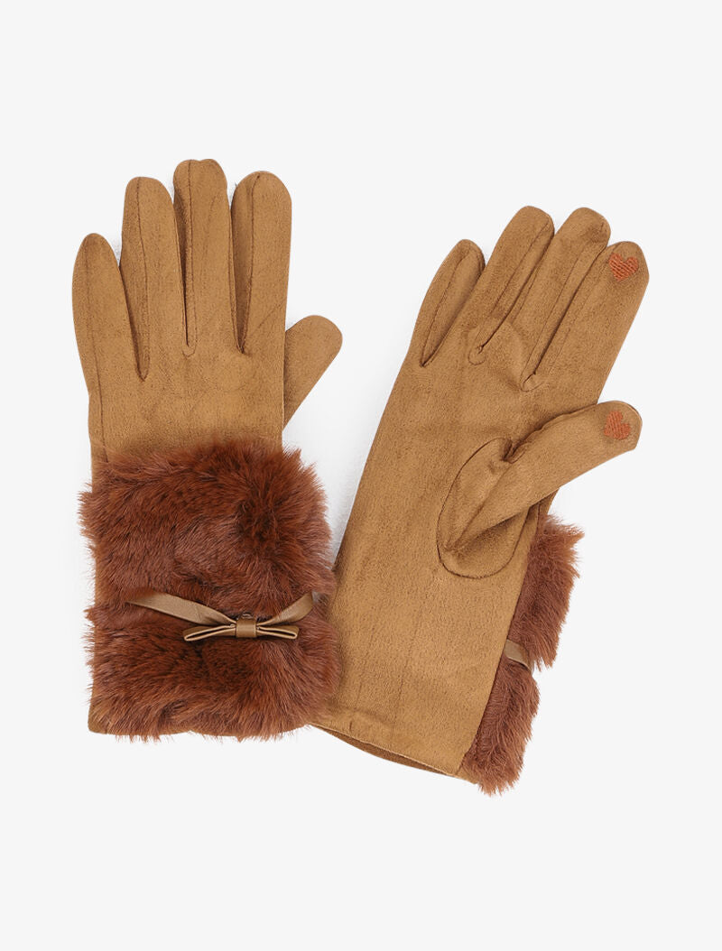 Gants suédés à détail fausse fourrure et noeud - Camel - 1